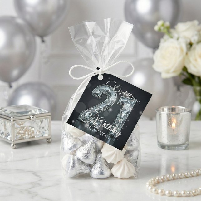 Elegant Chic Silver Diamond Black 21st Birthday Gåvor Etiketter (Skapare uppladdad)