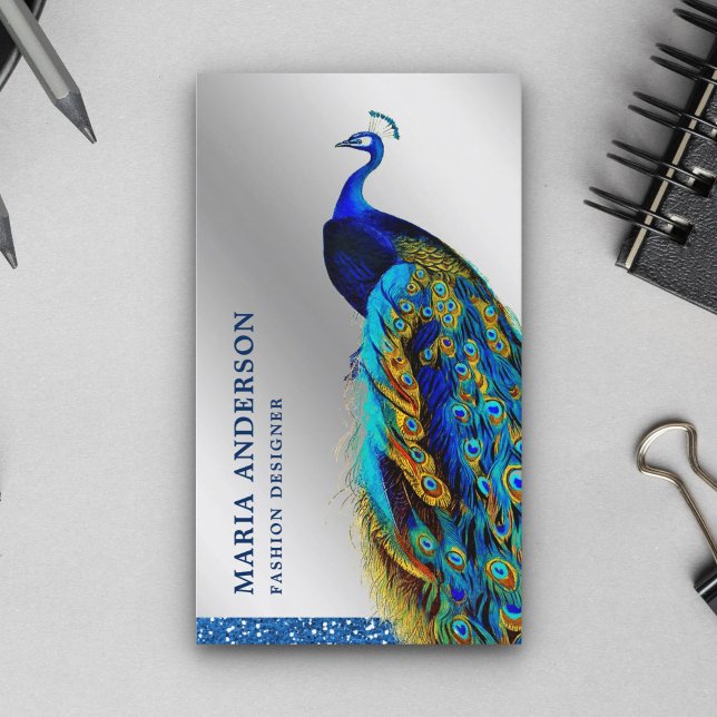Elegant Chic Silver Foil Blue Indian Peacock Visitkort (Skapare uppladdad)