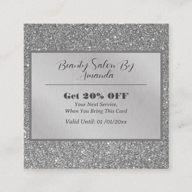 Elegant Chic Silver Foil Glitter Glamous Salon Rabattkort (Framsida)