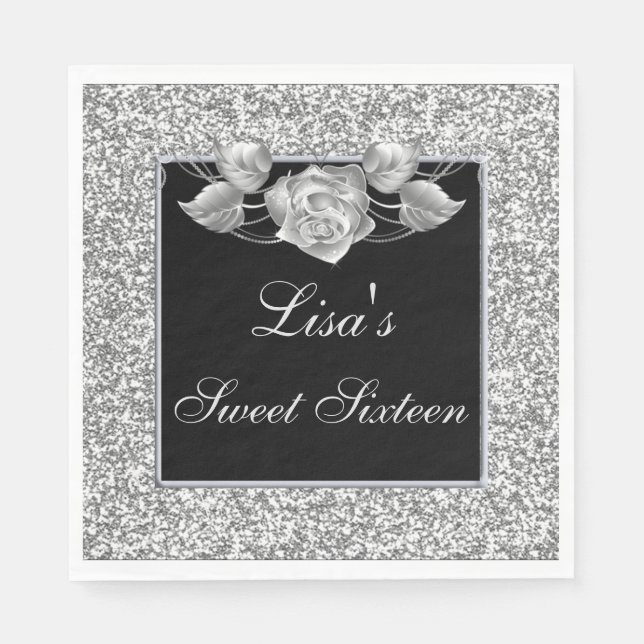 Elegant Chic Silver Glitter Silver Ro Sverige 16 Pappersservett (Framsidan)