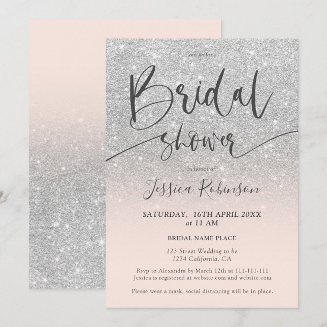 Elegant chic silver glitter-skript möhippa inbjudningar (Fram/baksida)