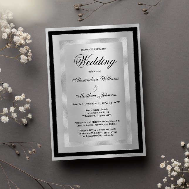 Elegant chic silver svart glamourös lyxbröllop  inbjudningar (Chic Elegant Silver Black Glamour Luxury Wedding)