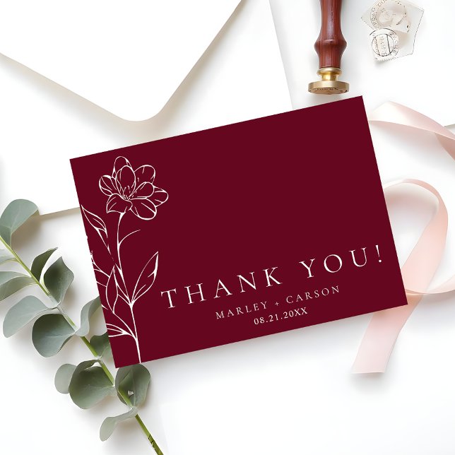 Elegant Chic Sketched Floral Burgundy Wedding Tack Kort (Skapare uppladdad)