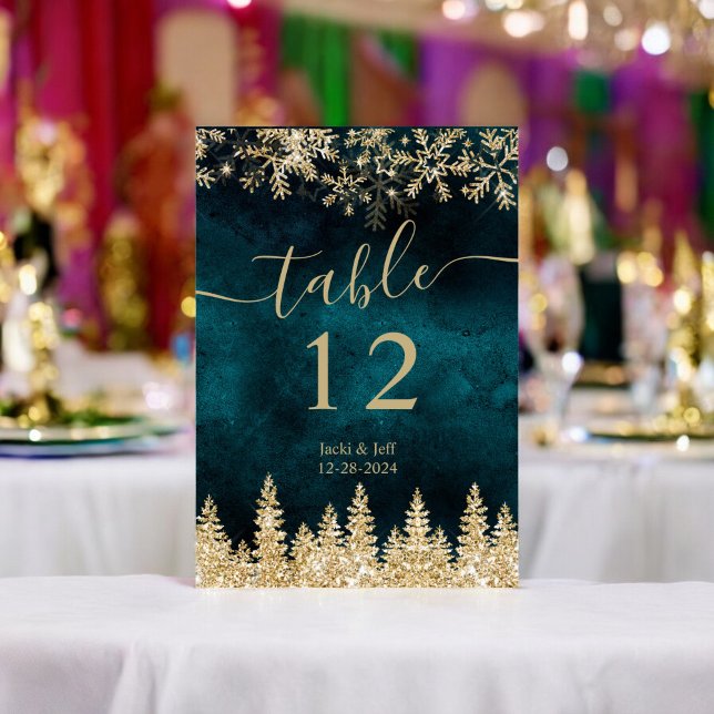 Elegant chic-skript Guld och Teal Winter-jul Bordsnummer (Elegant chic script Gold and Teal Winter Christmas Table Number)