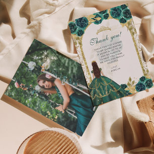 Elegant Chic Smaragd Blommig Foto Quinceañera Tack Kort