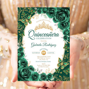 Elegant Chic Smaragdgrön Guld Blommig Quinceanera Inbjudningar