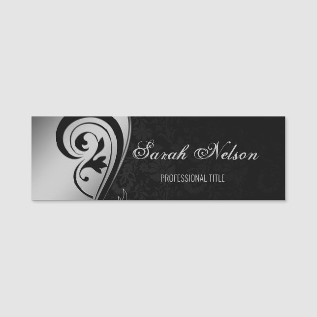 Elegant Chic Snyggt Grått Swirls Black Damask Namnbricka (Framsida)