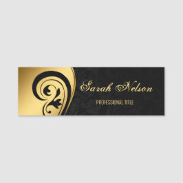 Elegant Chic Snyggt Guld Swirls Black Damask Namnbricka