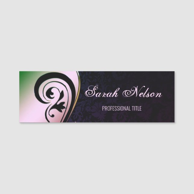 Elegant Chic Snyggt Ombre Swirls Black Damask Namnbricka (Framsida)