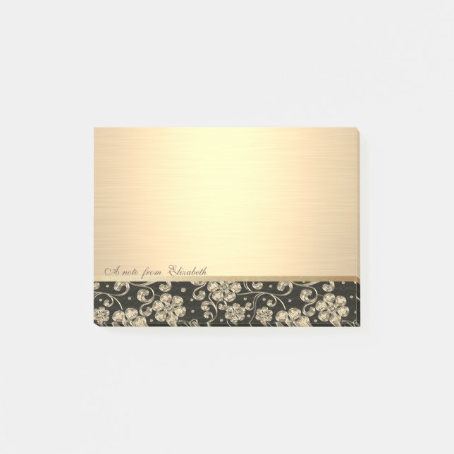 Elegant Chic Stylish Girly, Guld Blommor Post-it Block (Framsida)