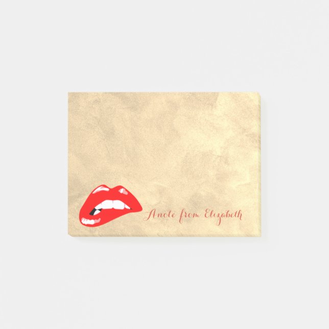 Elegant Chic Stylish Tjej, Guld, Röda Läppar Post-it Block (Framsida)