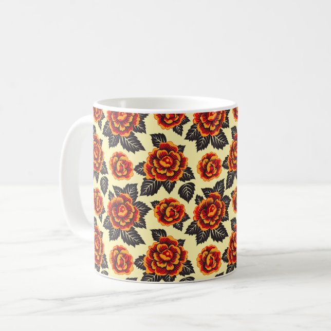 Elegant Chic Stylisk Modern Orange Blommor Kaffemugg (Framsida vänster)