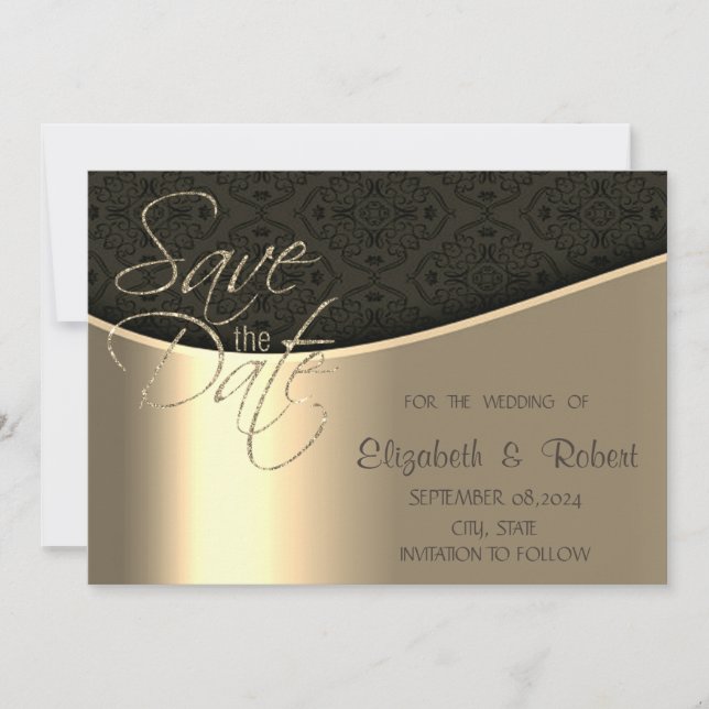 Elegant Chic Svart Damask Guld Spara Datum Datumet (Framsida)