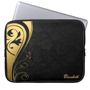 Elegant Chic Svart Damask,Guld Virvel-Personlig Laptop Fodral