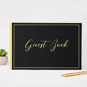 Elegant Chic Svart & Gul Typografi Bröllop Gästböcker
