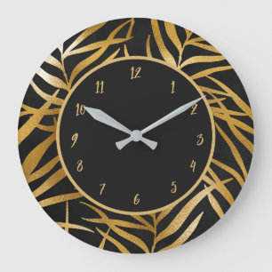 Elegant Chic Svart Guld Glitter Blad Design Stor Klocka
