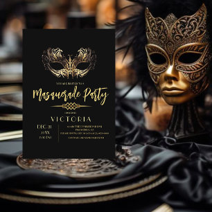 Elegant Chic Svart Guld Maskerad Födelsedagsfest Inbjudningar