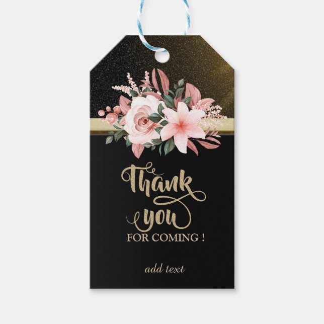 Elegant Chic Svart, Guld Rand, Blommor Tack Presentetikett (Framsidan)