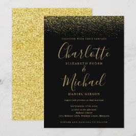 Elegant Chic Svart Och Guld Glitter Skrift Bröllop Inbjudningar