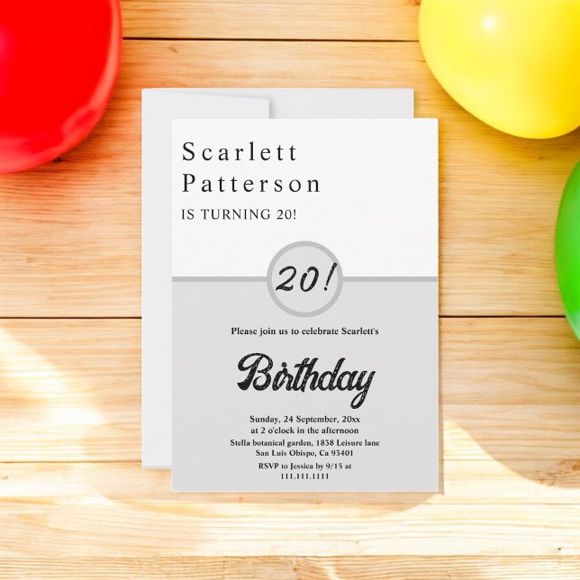Elegant Chic Svart Och Vitt Grått 20-årsfirande Inbjudningar (Skapare uppladdad)