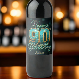 Elegant Chic Teal and Guld Metallic 90:e Birthday Vinflaska Etikett