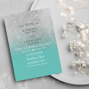 Elegant chic teal silver glitter ombre bröllop inbjudningar