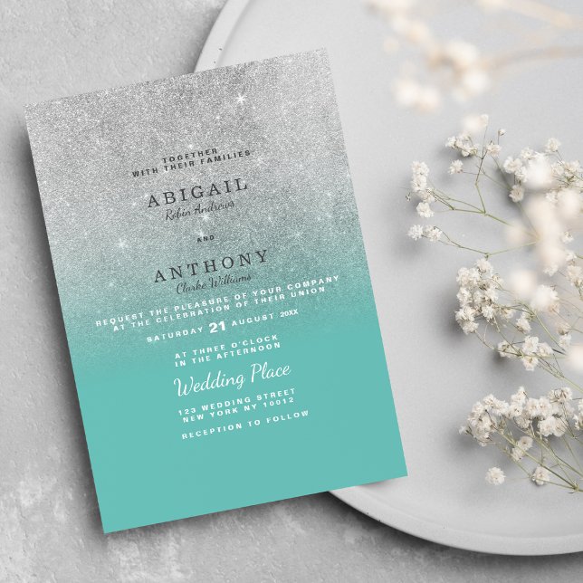 Elegant chic teal silver glitter ombre bröllop inbjudningar (Elegant chic teal silver glitter ombre wedding )