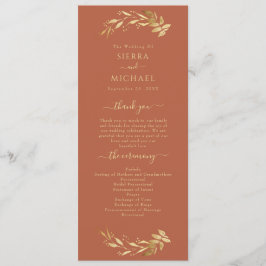 Elegant Chic Terracotta Rust Guld Foliage Bröllop Program