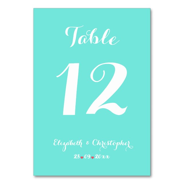 Elegant Chic Turquise White Bröllop Möhippa Bordsnummer (Framsidan)