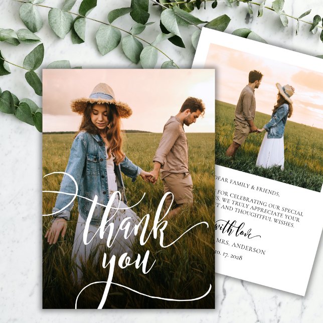 Elegant Chic Typography Script 2 Photo Bröllop Tack Kort (Skapare uppladdad)
