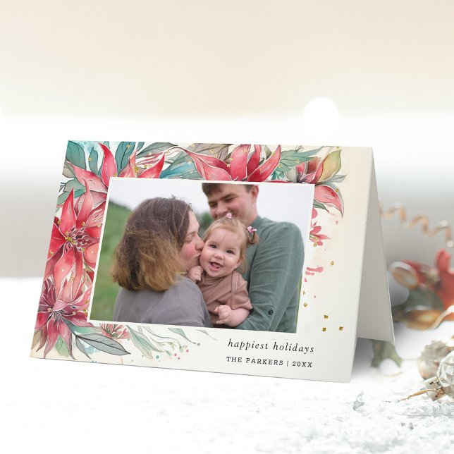 Elegant Chic Vattenfärg Poinsettia botaniskt foto Helgkort (Skapare uppladdad)