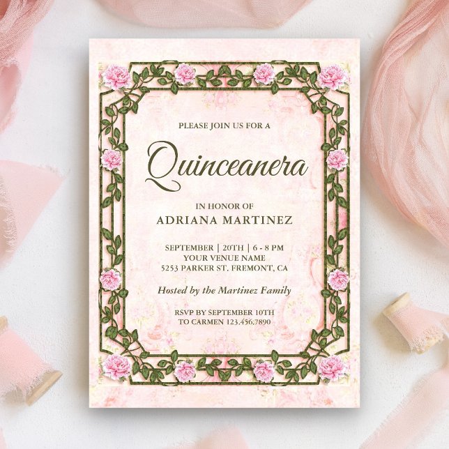 Elegant Chic Vintage Rustik Rosa Rosor Quinceanera Inbjudningar (Skapare uppladdad)