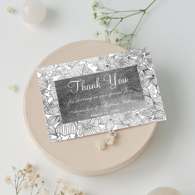 Elegant chic vit falsk silver blomster Tack Vykort (Glamorous chic white faux silver floral Thank You)