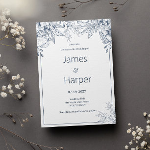 Elegant chic vit grått blå blommigt Bröllop Inbjudningar