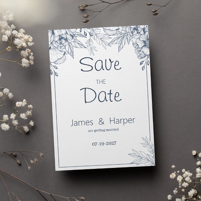 Elegant chic vit grått blå blommigt Spara datum Inbjudningar (Elegant chic white gray blue floral Save the Date)