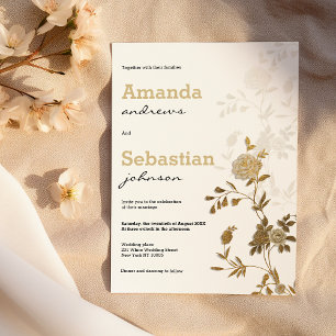 Elegant chic vit guld glitter blommig bröllops- inbjudningar