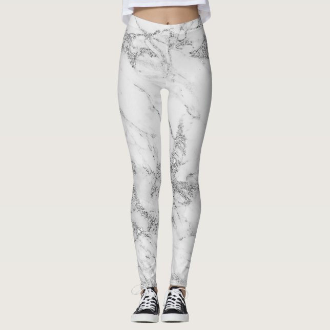 Elegant chic, vit marmor av grått silver glitter leggings (Framsida)