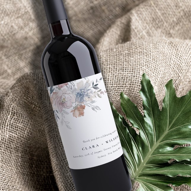 Elegant Chic  Watercolor Blommigt Bröllop Vinflaska Etikett (Skapare uppladdad)