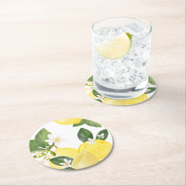 Elegant Chic Watercolor Lemon Summer Garden Underlägg Papper Rund