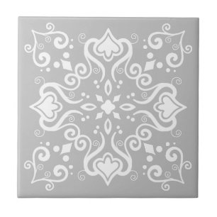 Elegant Chic White Grått Azulejo Stil Mönster A01c Kakelplatta