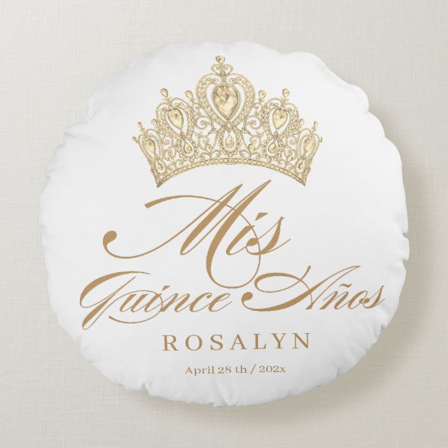 Elegant Chic White Guld Quinceanera Rund Kudde (Framsidan)