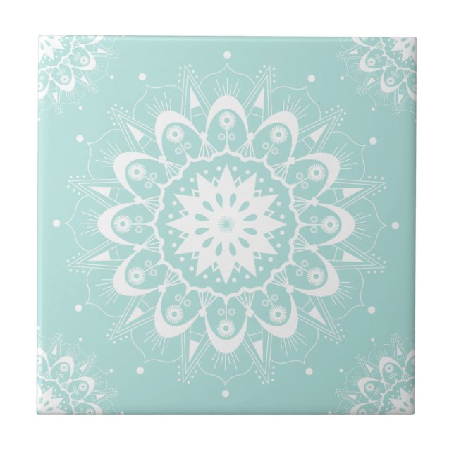 Elegant Chic White Teal Blommigt Geometric Mandala Kakelplatta (Framsidan)