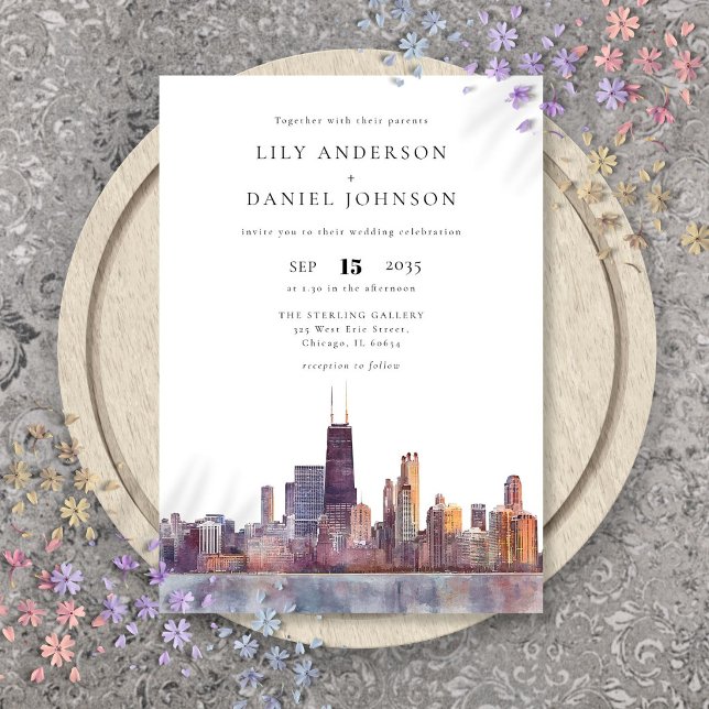 Elegant Chicago Siluett Vattenfärg Bröllop Inbjudningar (Chicago Skyline Watercolor Elegant Wedding Invitation)