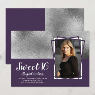 Elegant chick silver lila sweet sixteen födelsedag inbjudningar