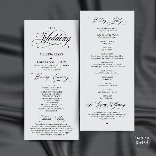 Elegant Chill Grey Script Bröllopsceremoni Program (Elegant Chill Grey Script Wedding Ceremony Order Program Card)