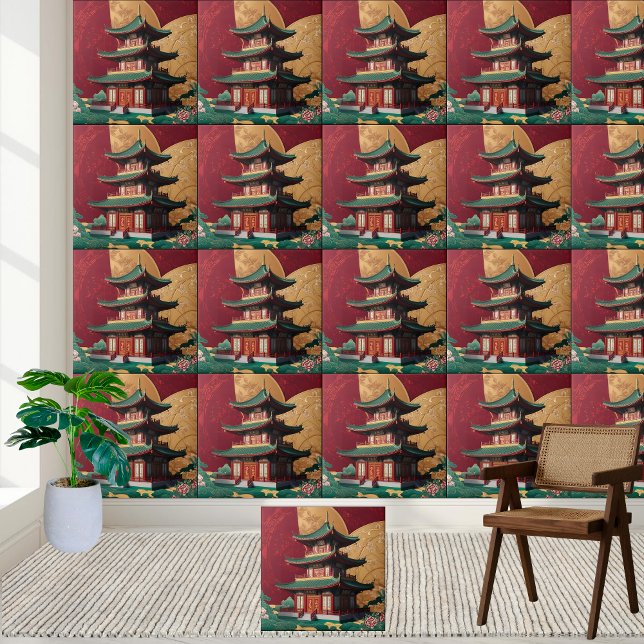 Elegant China Pagoda Chinoiserie Tile Kakelplatta (Elegant Chinese Pagoda Chinoiserie Tile)