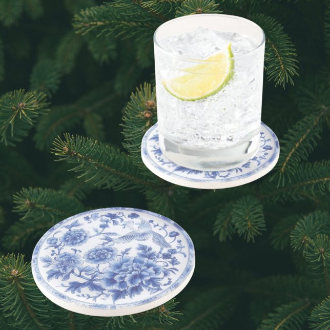 Elegant Chinoiserie Blå Vit Sandstens Coasters Underlägg (Elegant blue and white chinoiserie coasters)