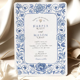 Elegant Chinoiserie Blue and White Blommigt Bröllo Inbjudningar