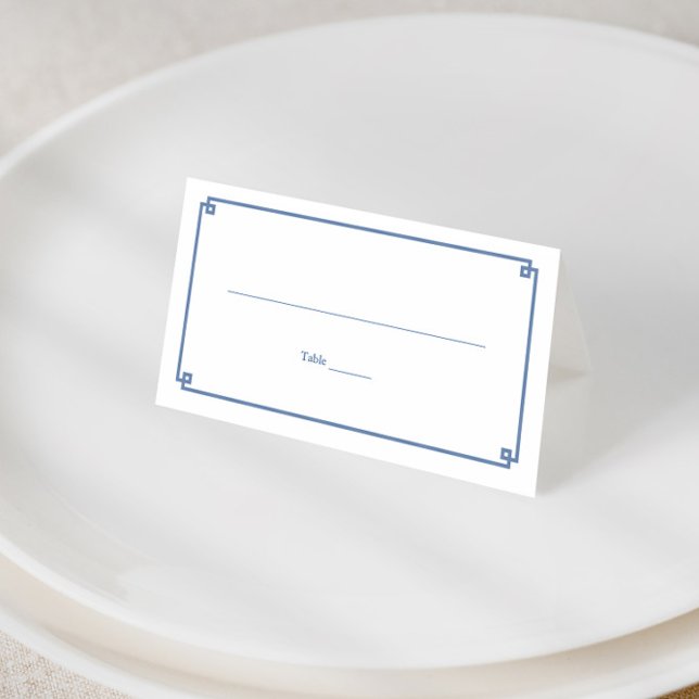 Elegant Chinoiserie  Blue and White Bröllop Placeringskort (Elegant blue and white greek key border place card with classic chinoiserie print reverse)