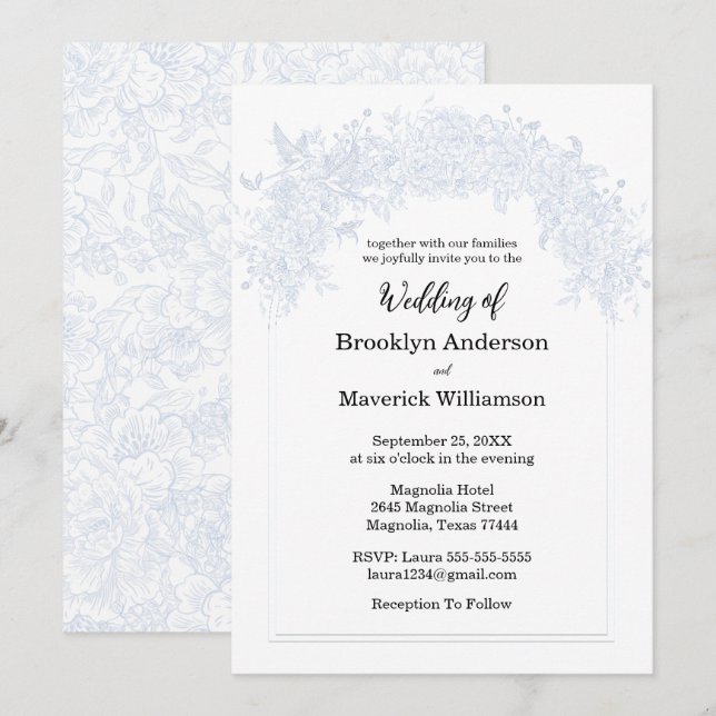 Elegant Chinoiserie Blue Floral Wedding Invitation Inbjudningar (Fram/baksida)